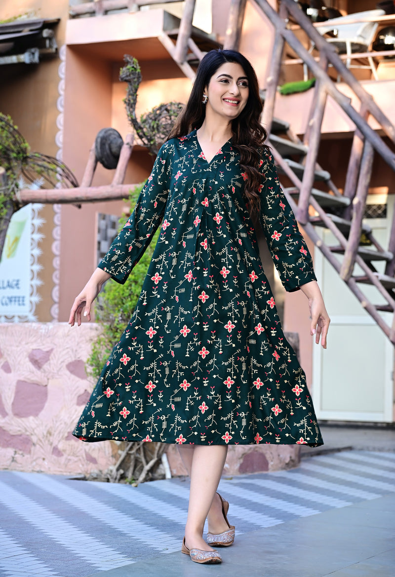 Casual & Comfortable Green Printed Dress for Women with Pocket