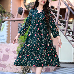 Casual & Comfortable Green Printed Dress for Women with Pocket