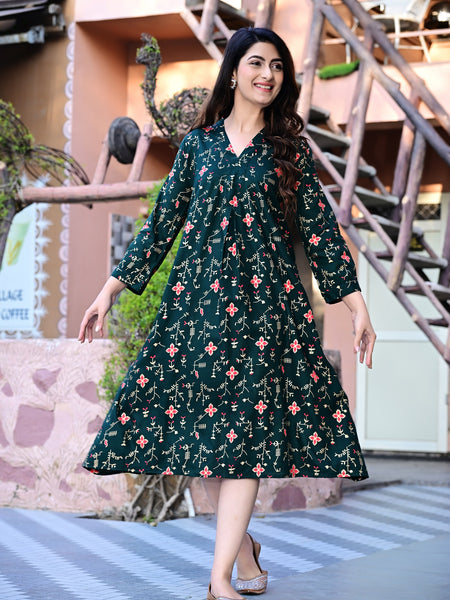 Casual & Comfortable Green Printed Dress for Women with Pocket