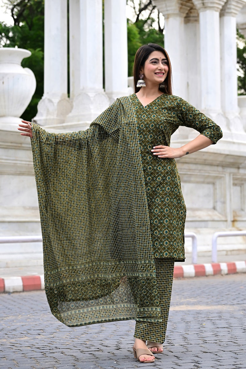 Classic Printed Pure Cotton Kurta, Palazzo and Dupatta Set for Festive wear