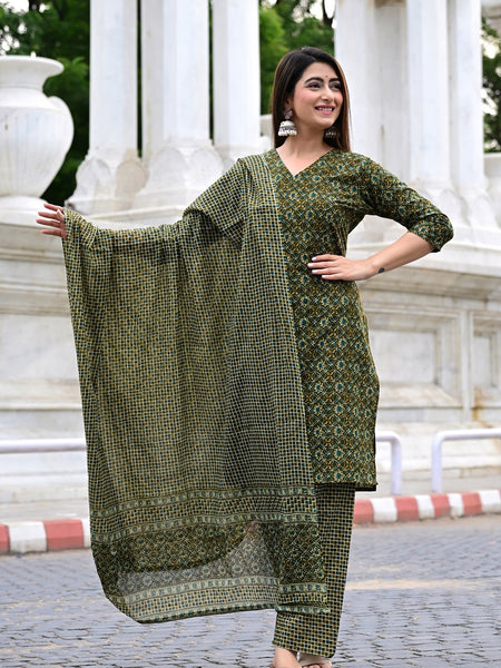 Classic Printed Pure Cotton Kurta, Palazzo and Dupatta Set for Festive wear