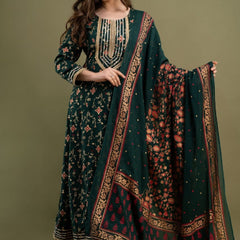 Dark Green Kurta, Pant & Dupatta with Gold Detailing of Gota Work