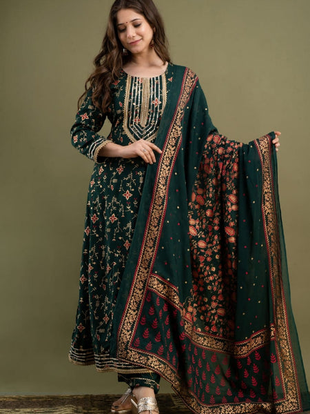 Dark Green Kurta, Pant & Dupatta with Gold Detailing of Gota Work