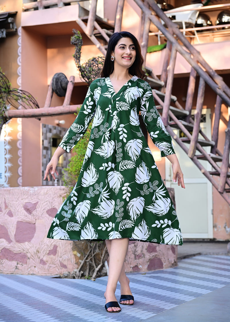 Casual & Comfortable Green Printed Dress for Women with Pocket