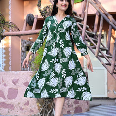 Casual & Comfortable Green Printed Dress for Women with Pocket