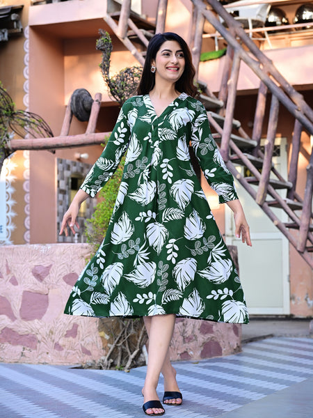 Casual & Comfortable Green Printed Dress for Women with Pocket