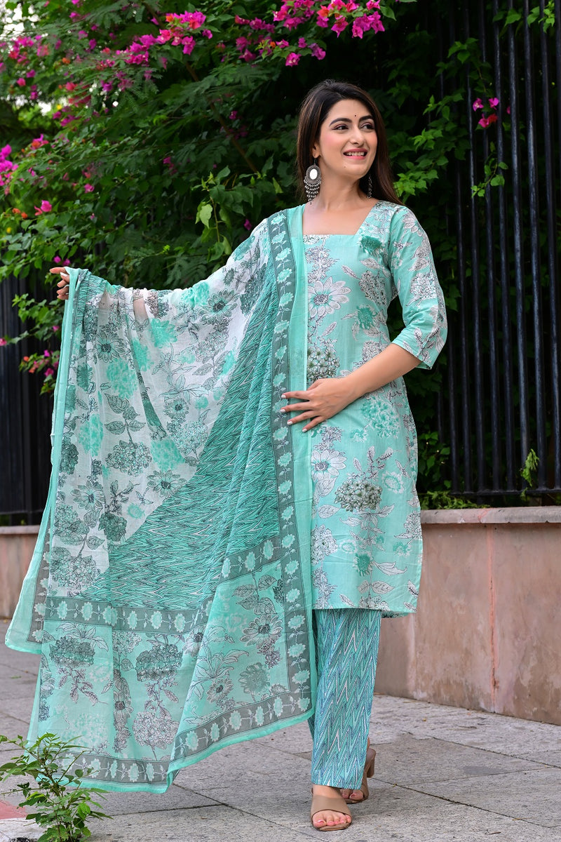 Classic Printed Pure Cotton Kurta, Palazzo and Dupatta Set for Festive wear