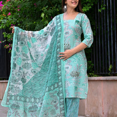 Classic Printed Pure Cotton Kurta, Palazzo and Dupatta Set for Festive wear