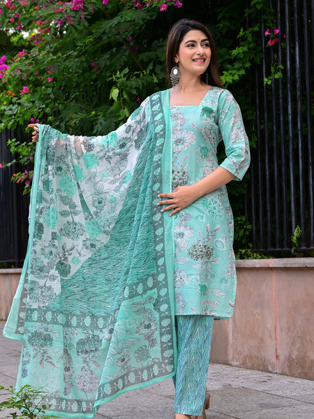 Classic Printed Pure Cotton Kurta, Palazzo and Dupatta Set for Festive wear