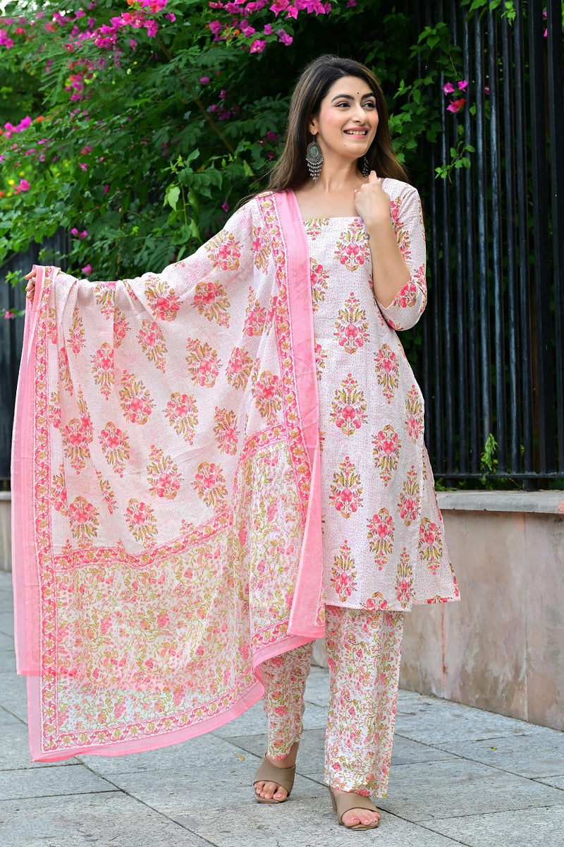 Classic Printed Pure Cotton Kurta, Palazzo and Dupatta Set for Festive wear