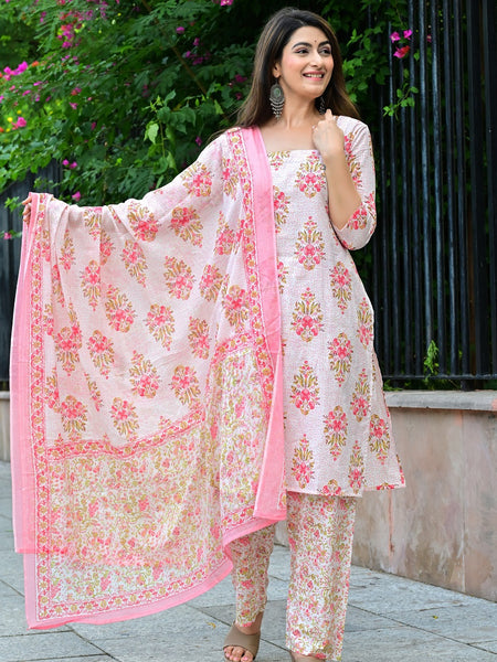 Classic Printed Pure Cotton Kurta, Palazzo and Dupatta Set for Festive wear
