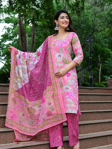 Classic Printed Pure Cotton Kurta, Palazzo and Dupatta Set for Festive wear