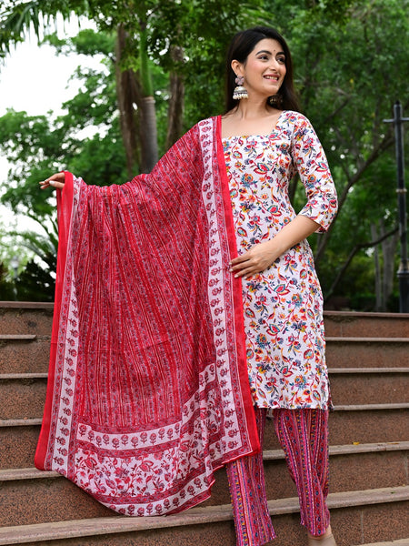 Classic Printed Pure Cotton Kurta, Palazzo and Dupatta Set for Festive wear