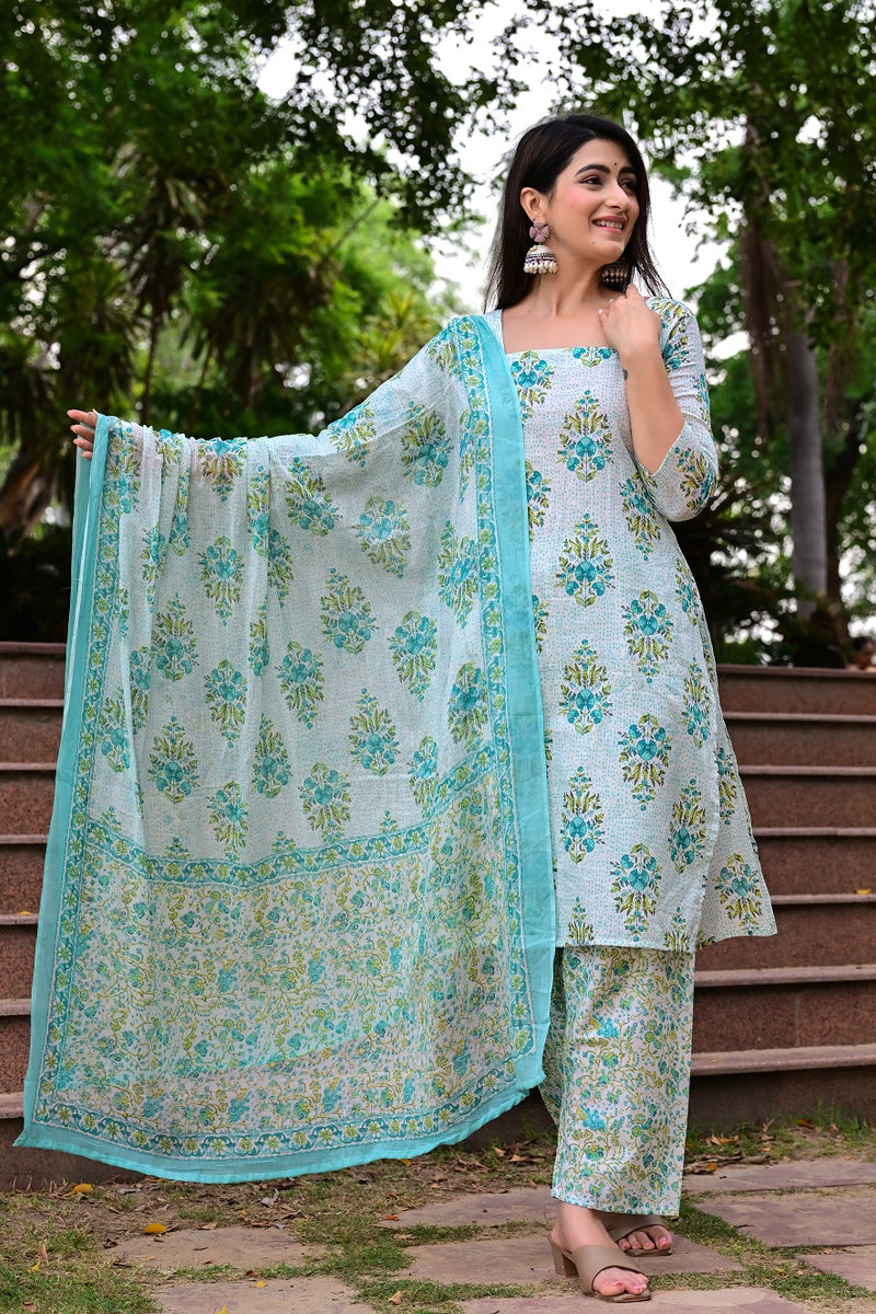 Classic Printed Pure Cotton Kurta, Palazzo and Dupatta Set for Festive wear