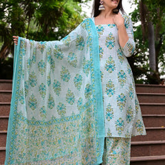 Classic Printed Pure Cotton Kurta, Palazzo and Dupatta Set for Festive wear