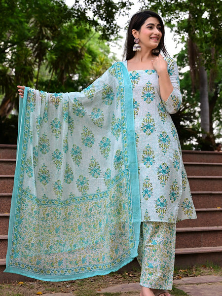 Classic Printed Pure Cotton Kurta, Palazzo and Dupatta Set for Festive wear