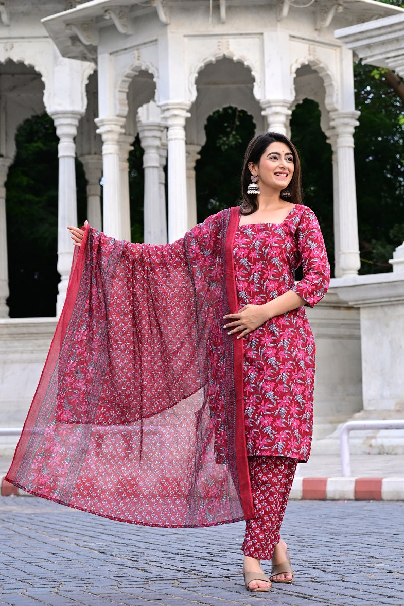 Classic Printed Pure Cotton Kurta, Palazzo and Dupatta Set for Festive wear