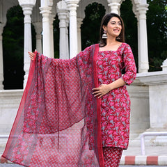 Classic Printed Pure Cotton Kurta, Palazzo and Dupatta Set for Festive wear