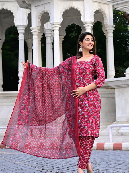 Classic Printed Pure Cotton Kurta, Palazzo and Dupatta Set for Festive wear