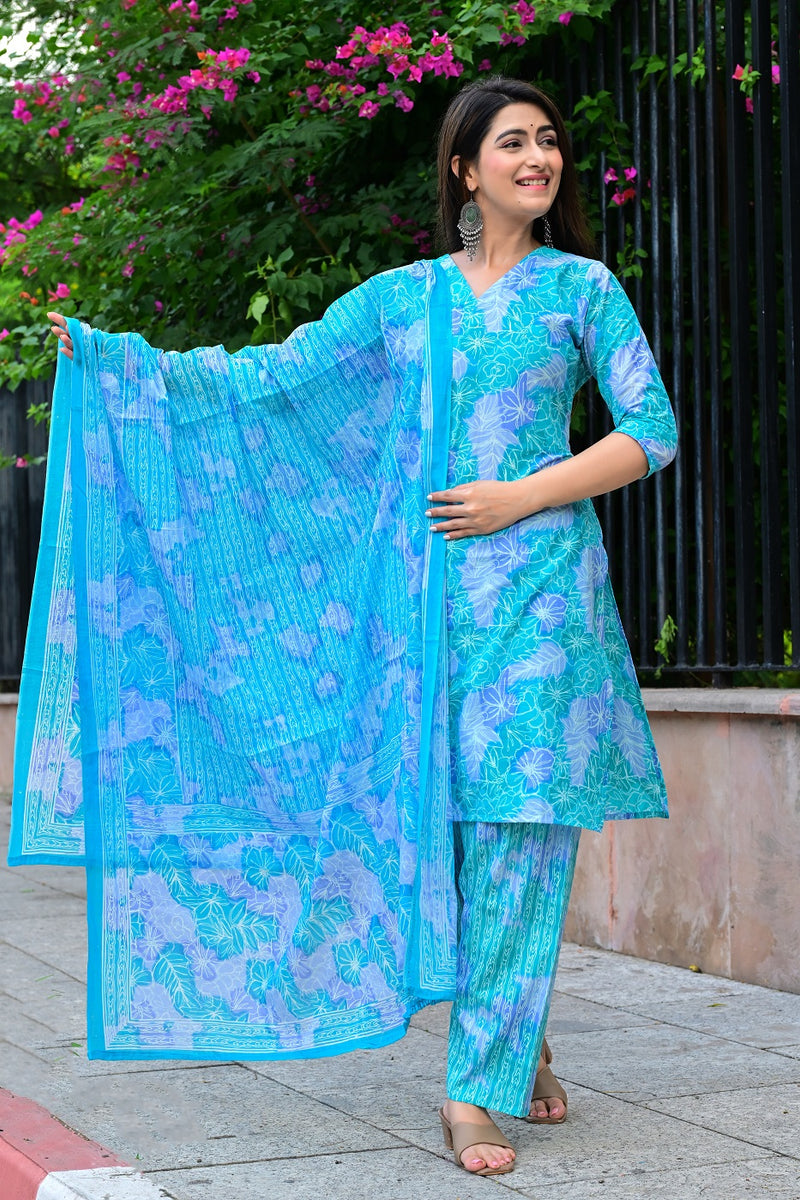Classic Printed Pure Cotton Kurta, Palazzo and Dupatta Set for Festive wear