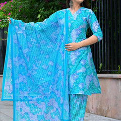 Classic Printed Pure Cotton Kurta, Palazzo and Dupatta Set for Festive wear