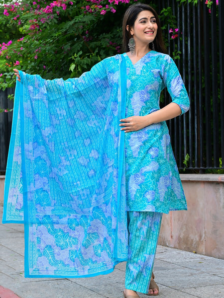 Classic Printed Pure Cotton Kurta, Palazzo and Dupatta Set for Festive wear