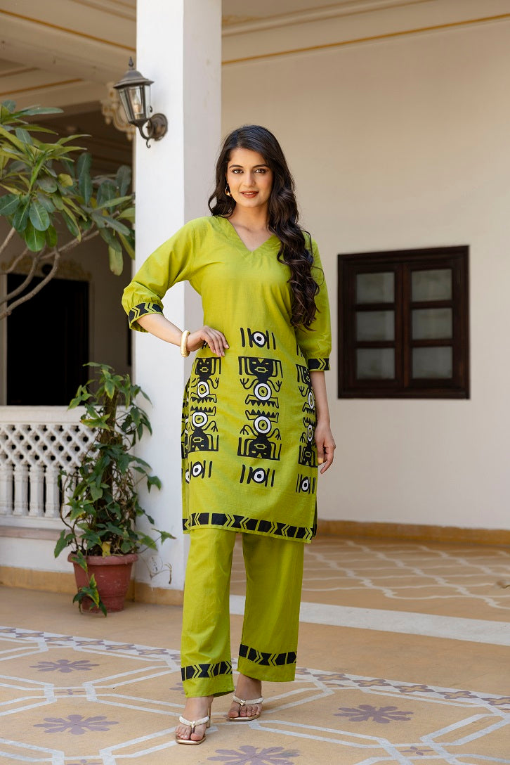 Parrot Green Cotton Co-ord Set for Women