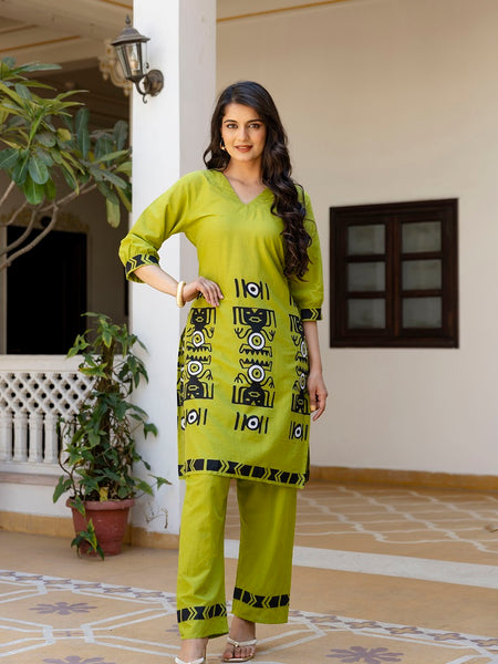 Parrot Green Cotton Co-ord Set for Women