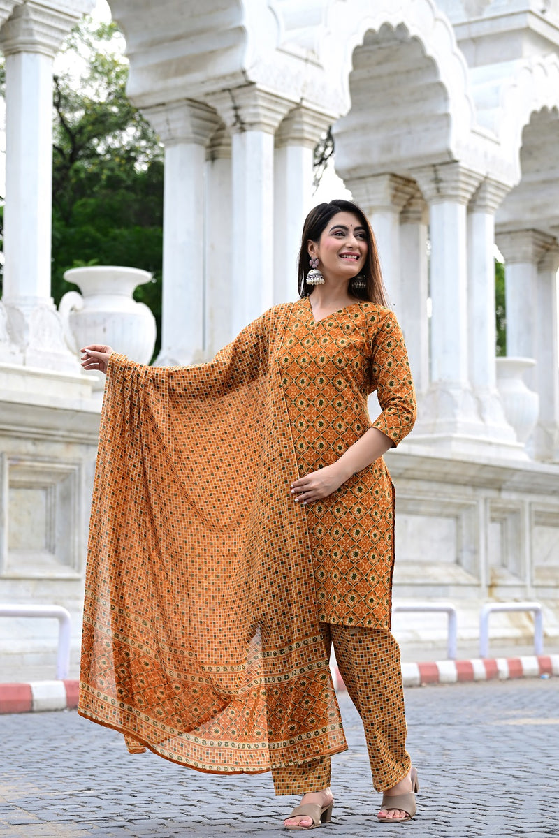 Classic Printed Pure Cotton Kurta, Palazzo and Dupatta Set for Festive wear
