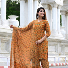 Classic Printed Pure Cotton Kurta, Palazzo and Dupatta Set for Festive wear