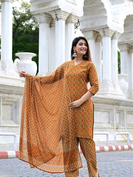 Classic Printed Pure Cotton Kurta, Palazzo and Dupatta Set for Festive wear