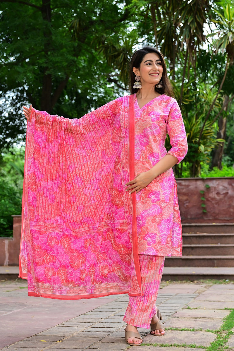Classic Printed Pure Cotton Kurta, Palazzo and Dupatta Set for Festive wear
