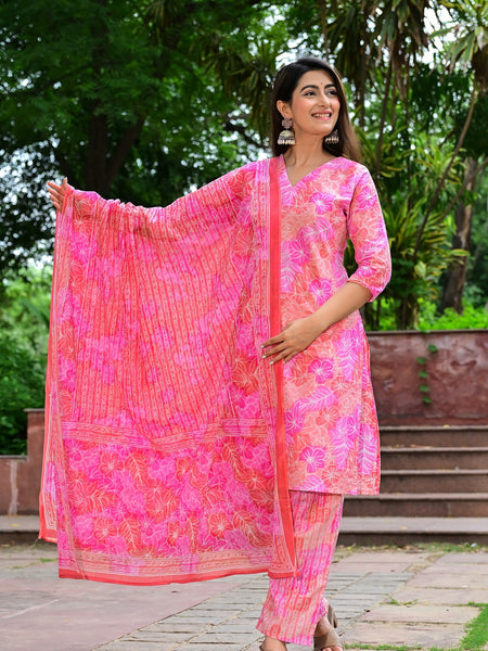 Classic Printed Pure Cotton Kurta, Palazzo and Dupatta Set for Festive wear
