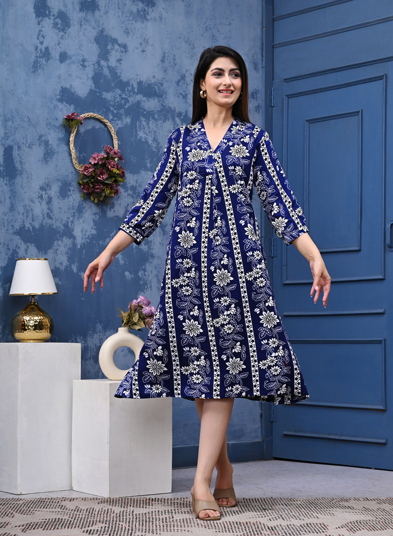 Casual & Comfortable Blue Printed Dress for Women with Pocket
