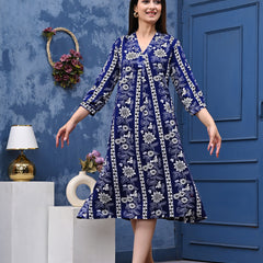 Casual & Comfortable Blue Printed Dress for Women with Pocket