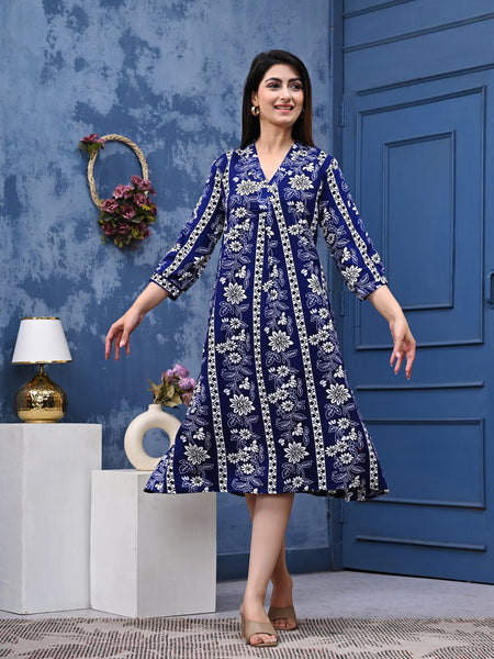 Casual & Comfortable Blue Printed Dress for Women with Pocket