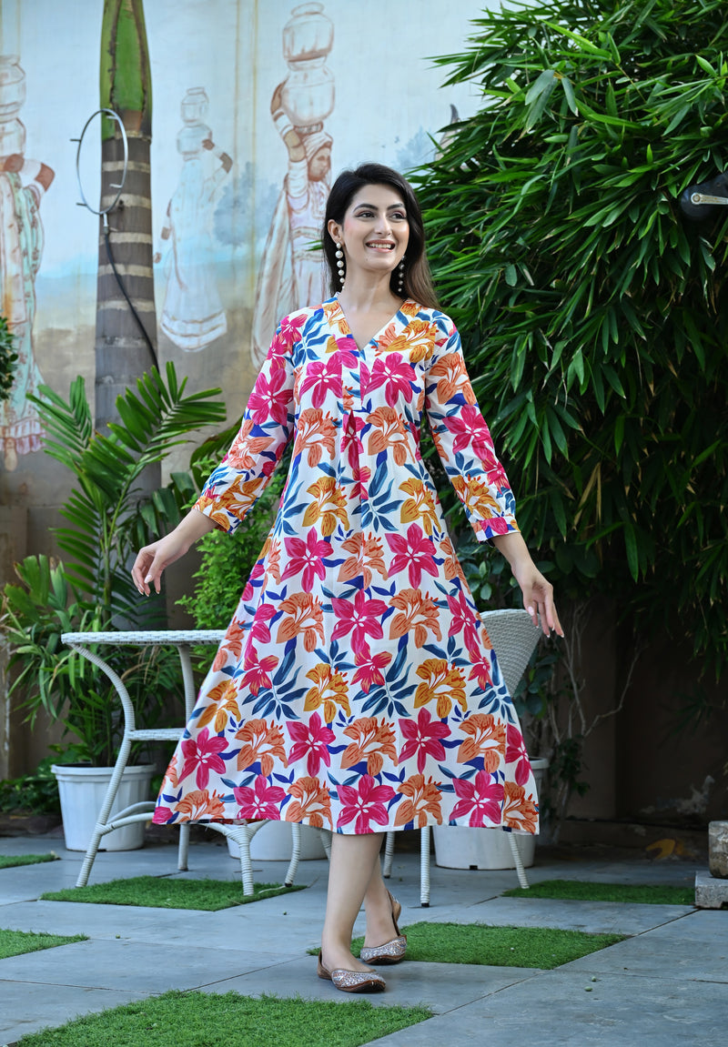 Casual & Comfortable Multicolored Printed Dress for Women with Pocket