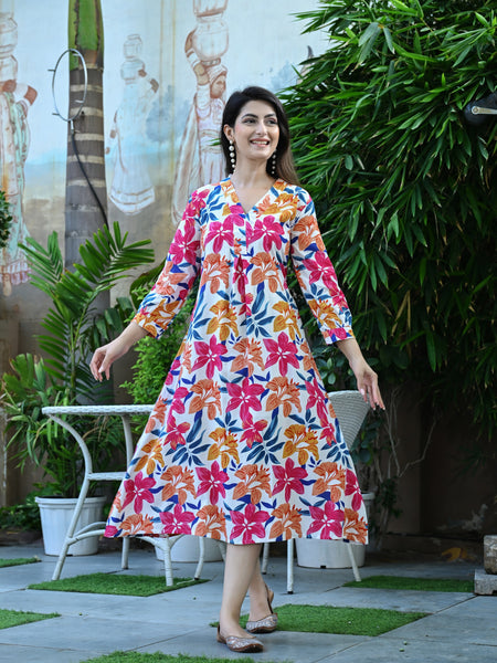 Casual & Comfortable Multicolored Printed Dress for Women with Pocket