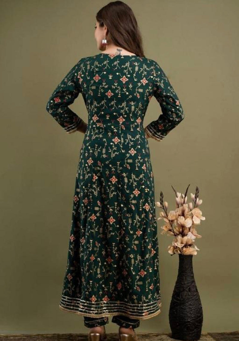 Dark Green Kurta, Pant & Dupatta with Gold Detailing of Gota Work