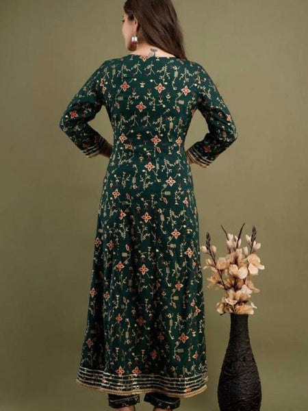 Dark Green Kurta, Pant & Dupatta with Gold Detailing of Gota Work