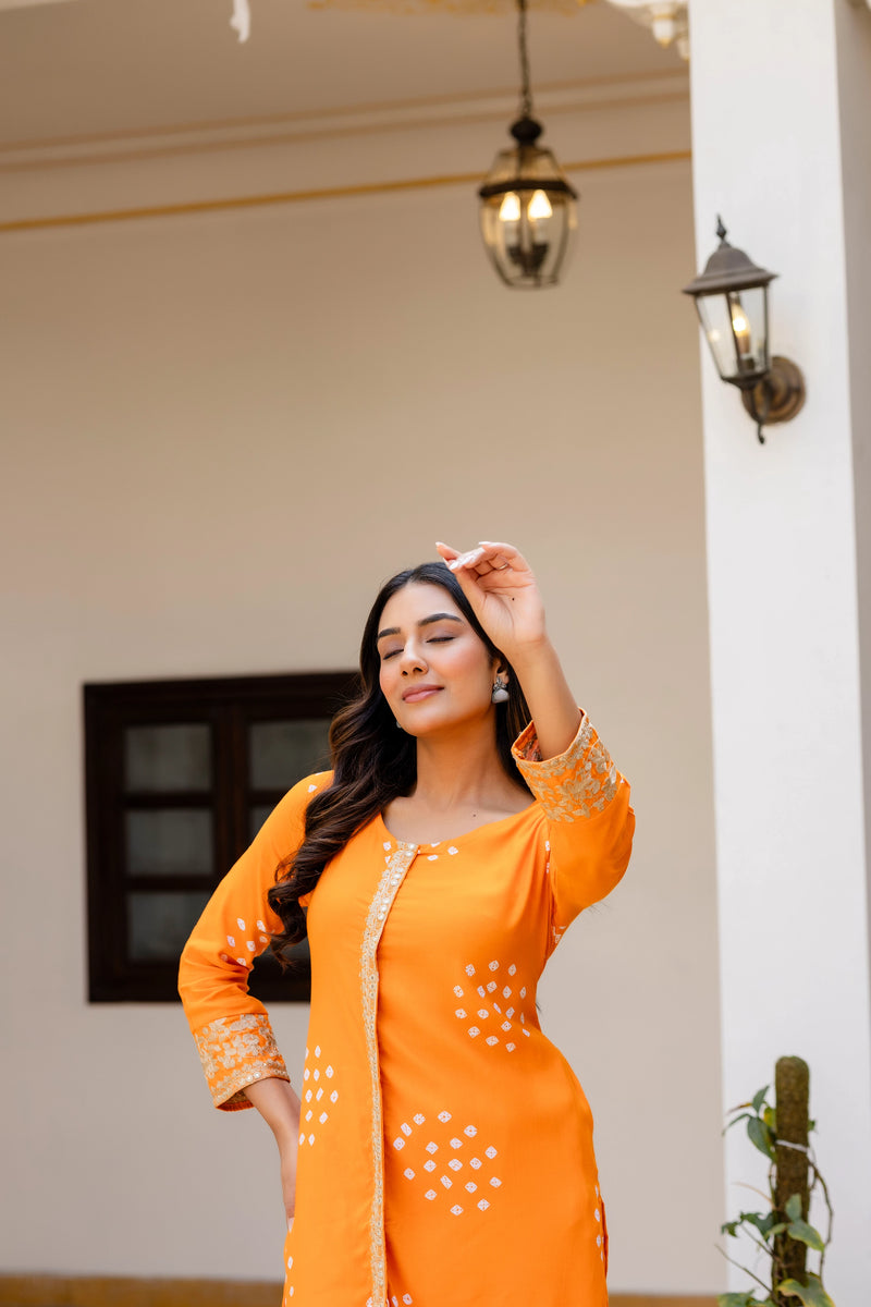 Orange rayon co ord set with embroidery