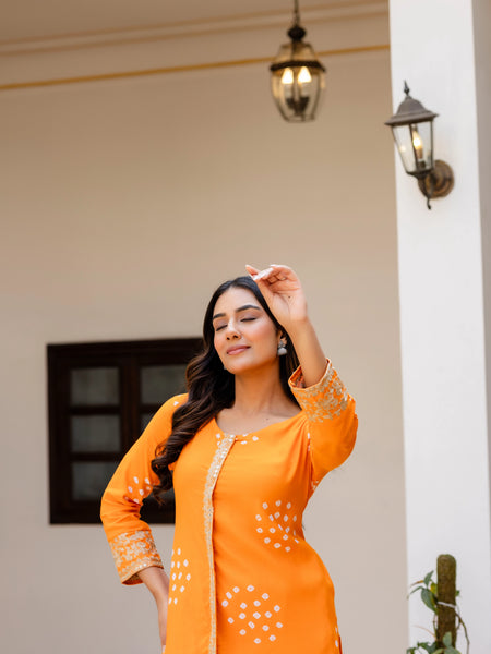 Orange rayon co ord set with embroidery
