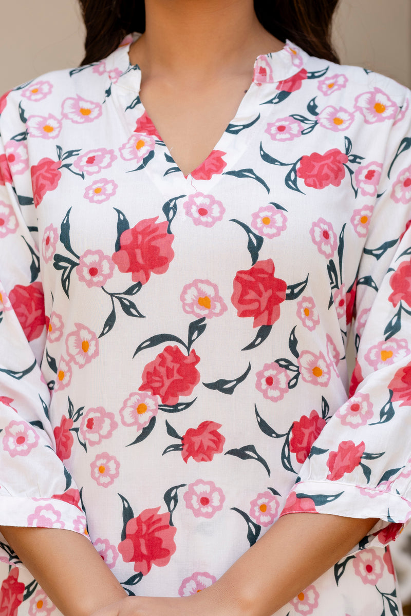 White Classic Printed Coord Set Close View