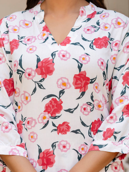 White Classic Printed Coord Set Close View