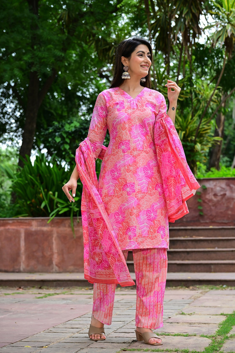 Classic Printed Pure Cotton Kurta, Palazzo and Dupatta Set for Festive wear
