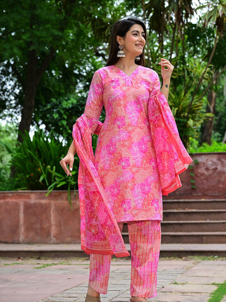 Classic Printed Pure Cotton Kurta, Palazzo and Dupatta Set for Festive wear