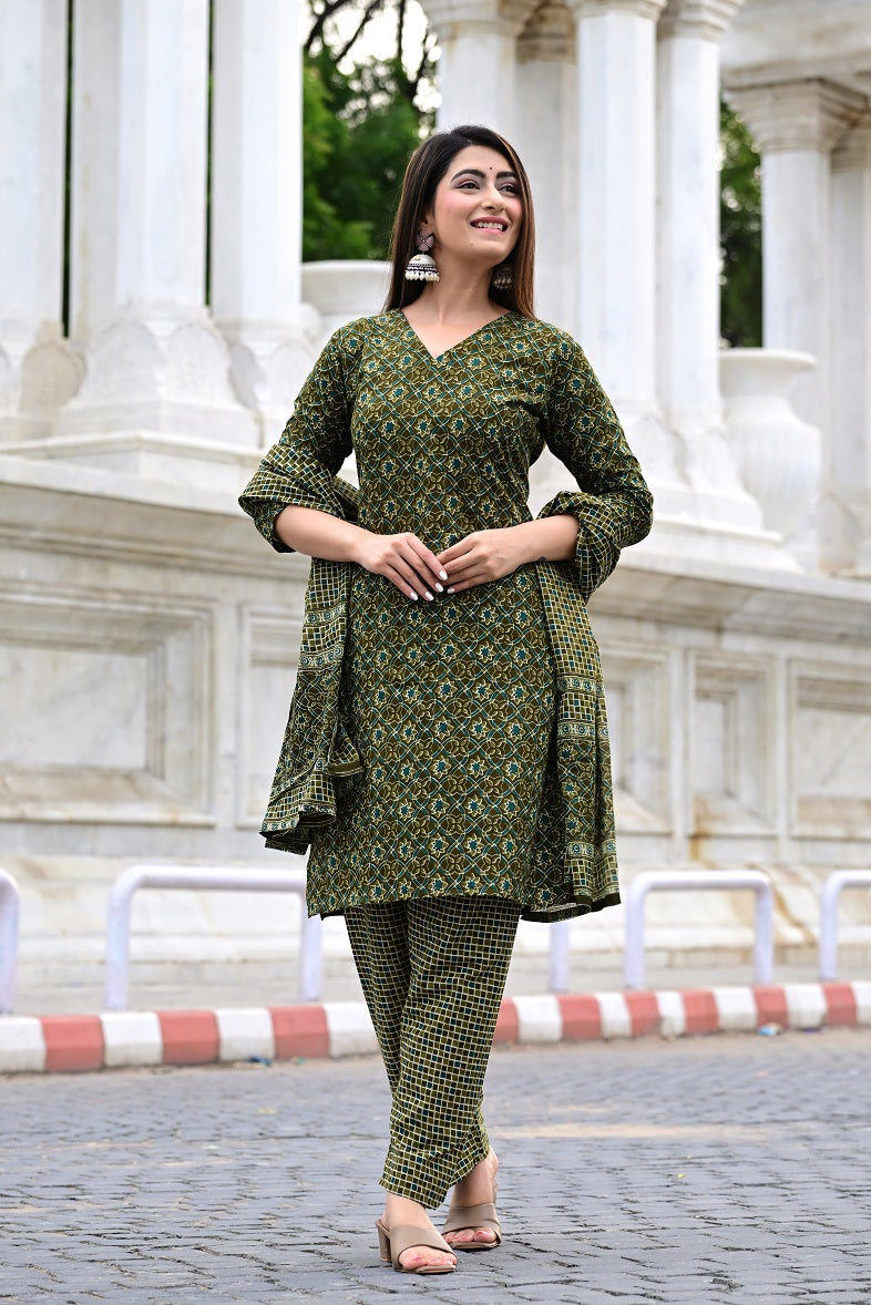 Classic Printed Pure Cotton Kurta, Palazzo and Dupatta Set for Festive wear