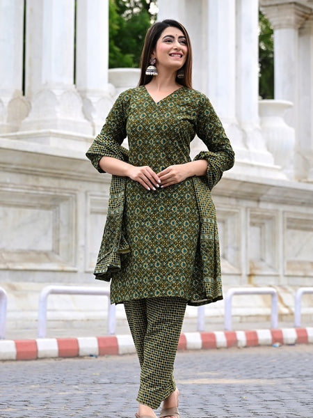 Classic Printed Pure Cotton Kurta, Palazzo and Dupatta Set for Festive wear