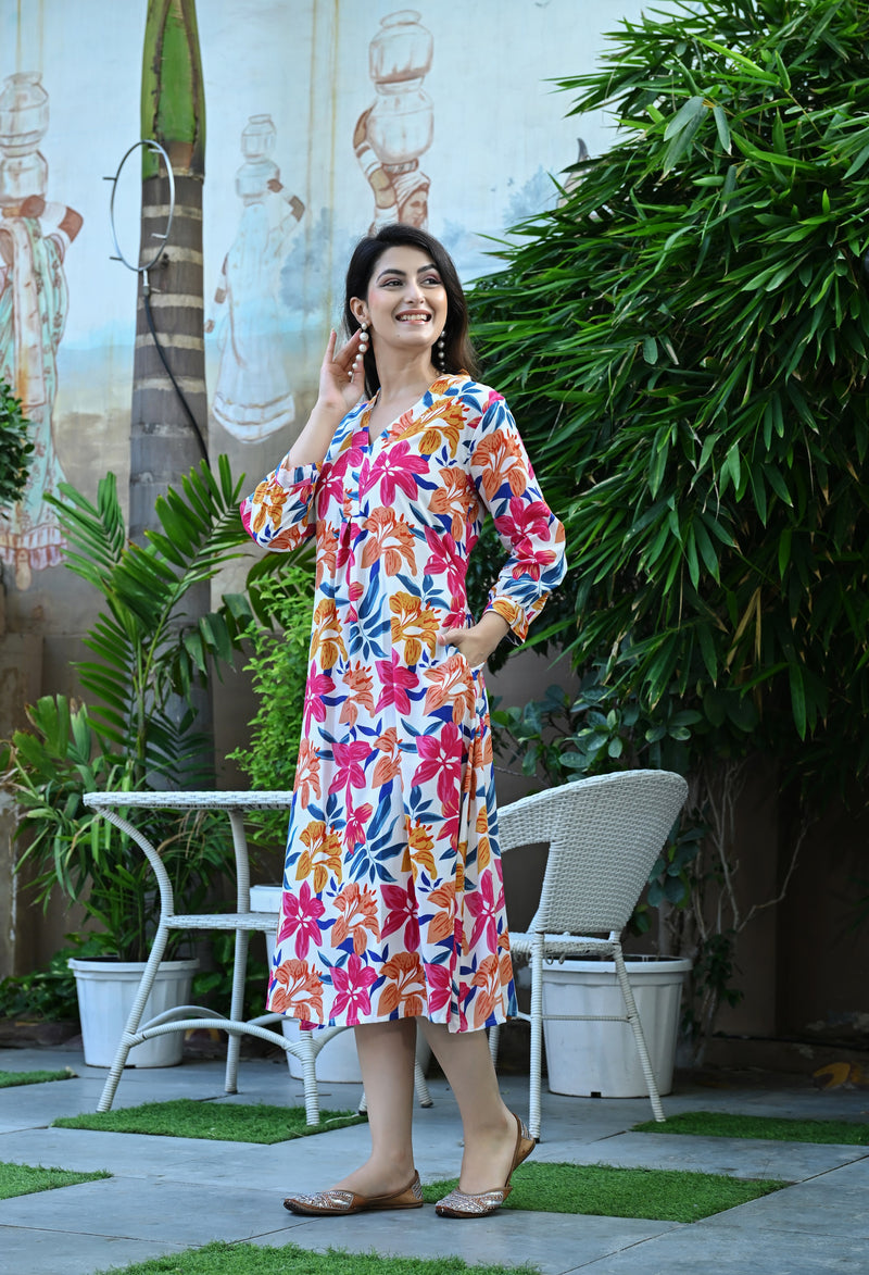 Casual & Comfortable Multicolored Printed Dress for Women with Pocket