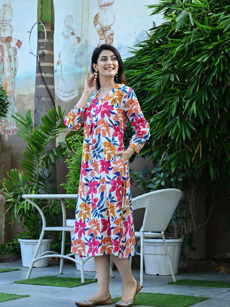 Casual & Comfortable Multicolored Printed Dress for Women with Pocket